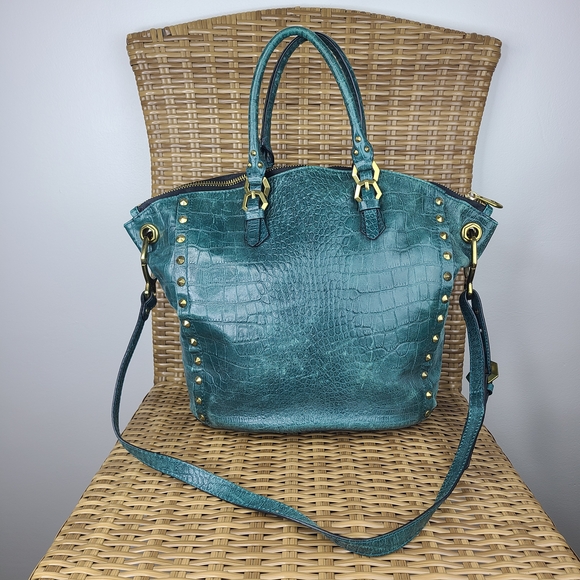 orYANY Dark Green Croc Embossed Gold Studded Leather Handbag With Shoulder Strap - Picture 3 of 16